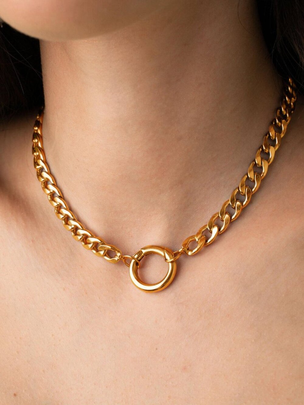 Gold Chunky Curb Chain Necklace O Ring Clasp Choker Statement Fashion Jewelry